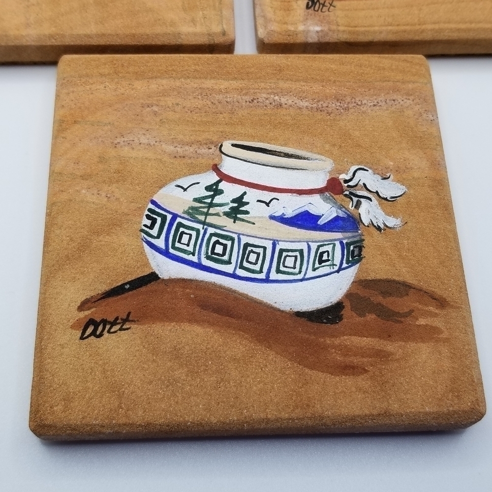 Drink Beverage Coasters Hand Painted Wood Holder Native American Southwest Set 4 - Picture 7 of 11